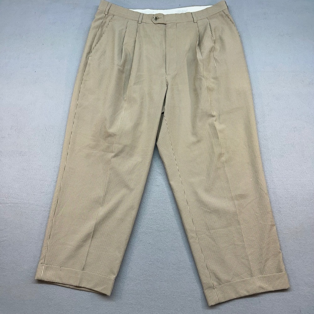 Perry Ellis Portfolio Mens Tan Pinstripe Pleated Cuffed Dress Pants 38x27.5